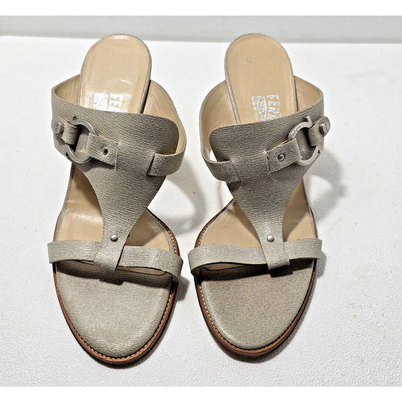 Salvatore Ferragamo Slides Sandals Women 8 B T-Strap Shoes Putty Leather - Picture 2 of 10